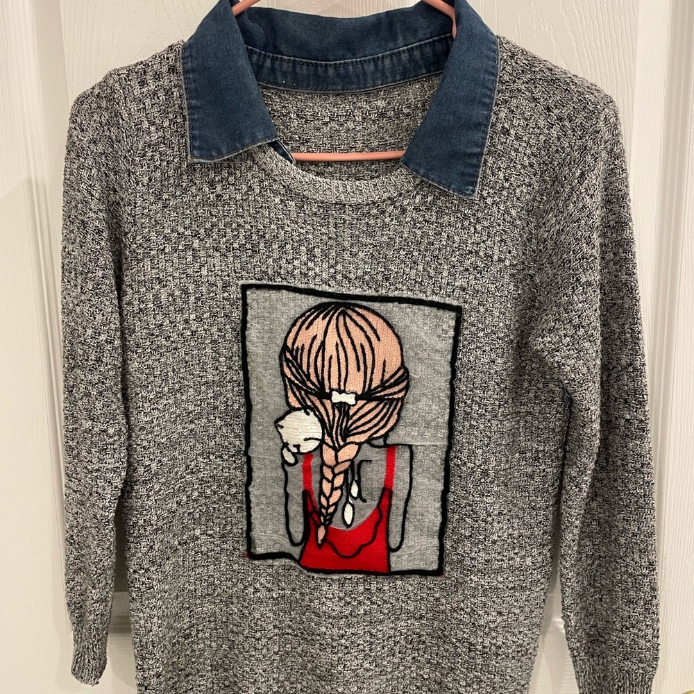 Handmade Gray Sweater with Denim Collar - Woman Holding Cat